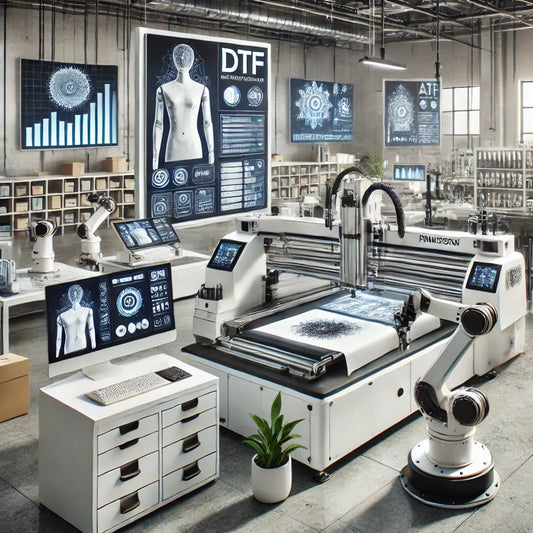 High-Tech-DTF-Drucksetup mit Roboterarmen, moderner Heat Press und KI-gestützter Optimierung in einer effizienten Produktionsumgebung