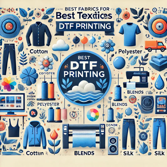 Infografik zu den besten Textilien für DTF-Druck, darunter Baumwolle, Polyester, Mischgewebe, Denim und Seide.