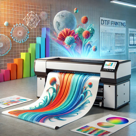 Moderner DTF-Druckprozess mit einem Drucker, der ein Design auf eine Transferfolie druckt, umgeben von Textilmaterialien.