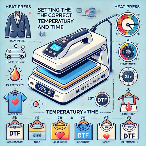 Illustration zur richtigen Einstellung von Temperatur und Druckzeit für DTF-Transfers, mit Wärmepresse und verschiedenen Stoffarten.