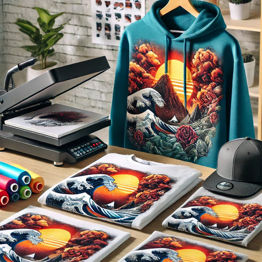 Professioneller DTF-Druck auf Textilien – T-Shirt, Hoodie und Kappe mit detailliertem Design und Transferfolie in einem sauberen Arbeitsumfeld