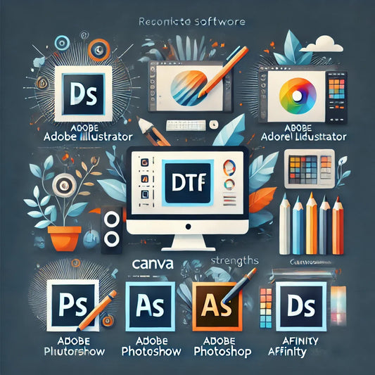 Infografik mit empfohlenen Software-Tools für DTF-Designs: Adobe Illustrator, CorelDRAW, Adobe Photoshop, Affinity Designer und Canva.