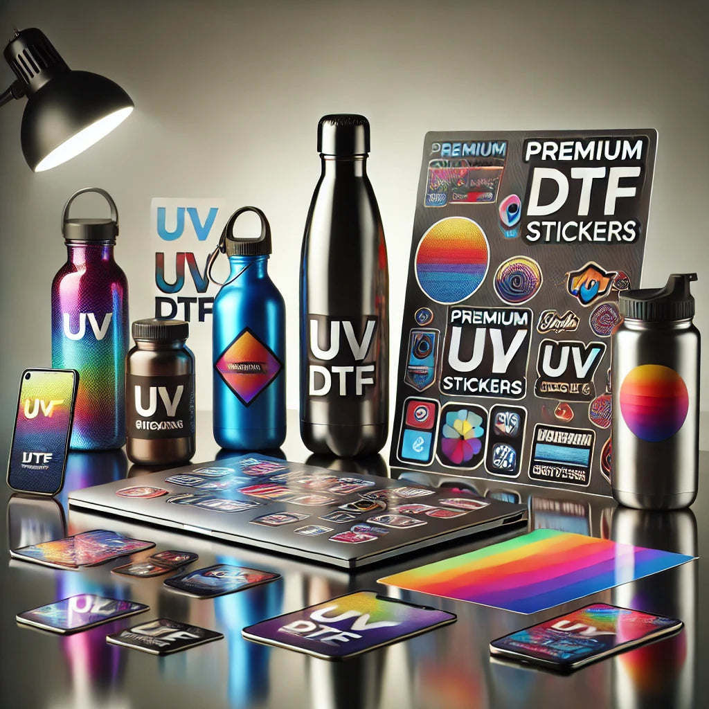 Hochwertige UV DTF Aufkleber auf glatten Oberflächen wie Glas, Laptop und Metallflasche, langlebig und wasserfest.