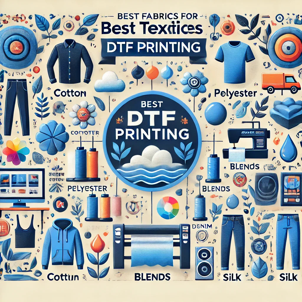 Infografik zu den besten Textilien für DTF-Druck, darunter Baumwolle, Polyester, Mischgewebe, Denim und Seide.
