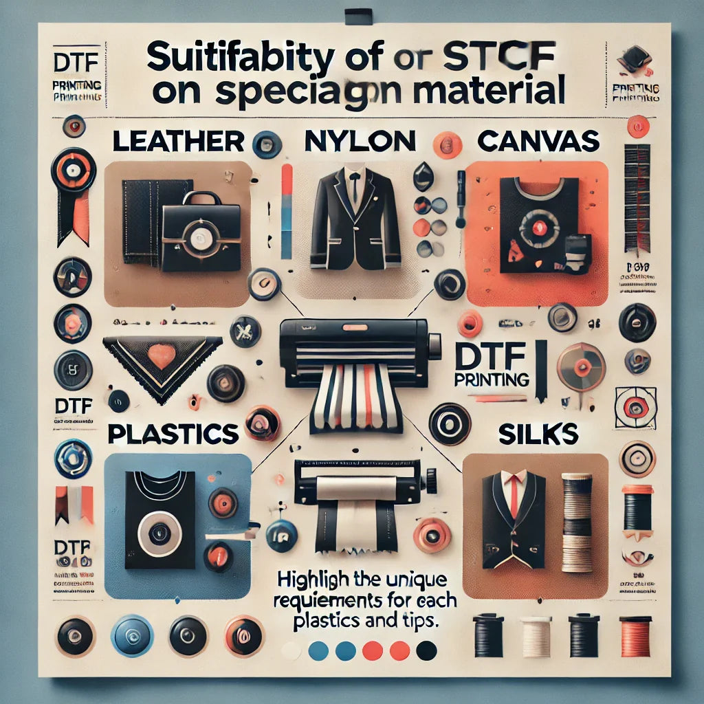 Infografik zur Eignung von Spezialmaterialien für DTF-Druck, darunter Leder, Nylon, Canvas, Kunststoffe und Seide.