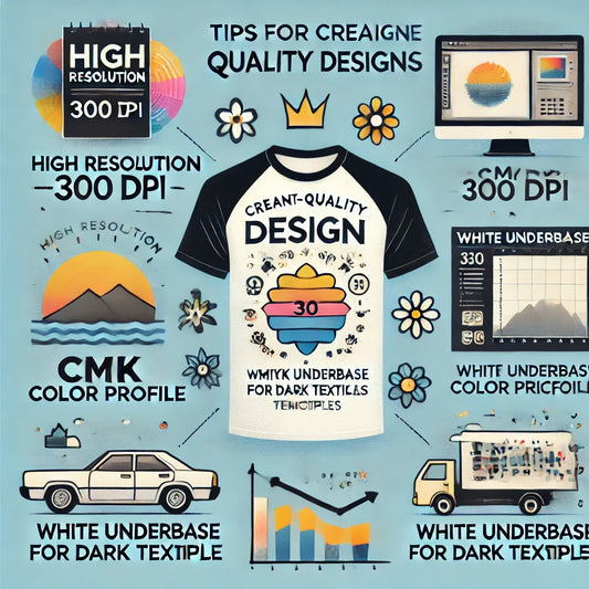 Infografik mit Tipps zur Erstellung hochwertiger Designs für den DTF-Druck, wie Auflösung, Farbprofile und Weißunterdruck.