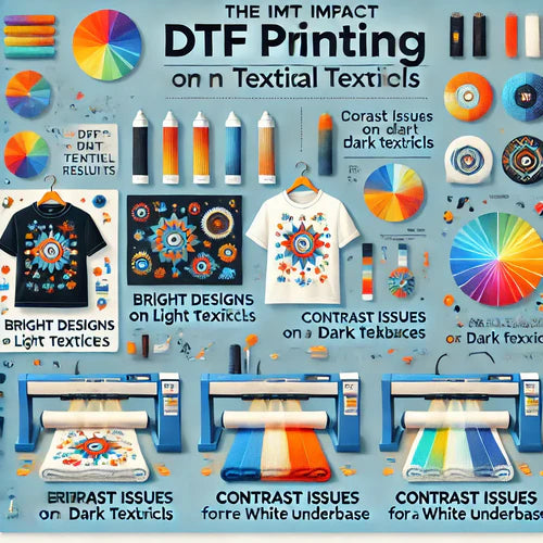 Infografik zu den Auswirkungen von Textilfarben auf das DTF-Druckergebnis, inklusive Tipps für helle und dunkle Stoffe.